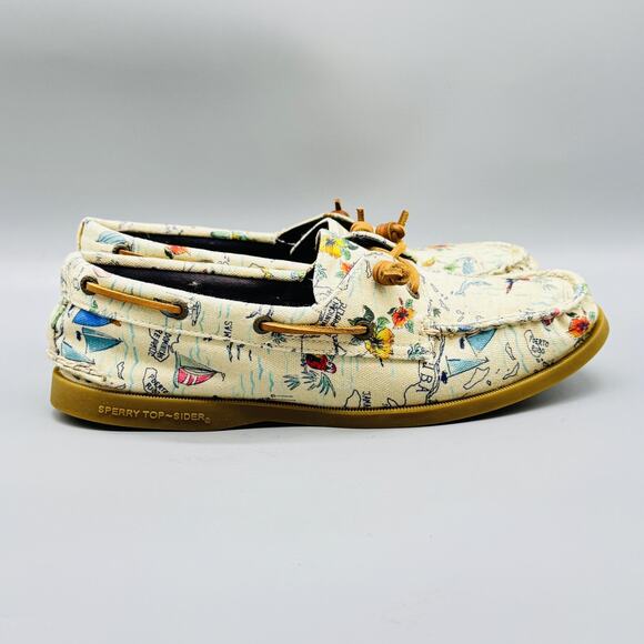 Sperry Shoes Womens 9.5 Ivory Canvas Top Sider Boat Nautical Print Deck Slip On - Picture 1 of 12